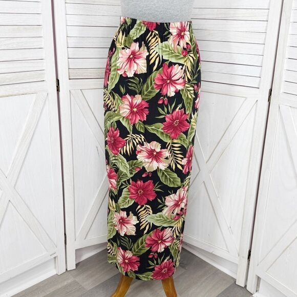 Haggar Vintage Linen Tropical Flower Print Button Front Maxi Skirt Black Pink 8 - Picture 4 of 11